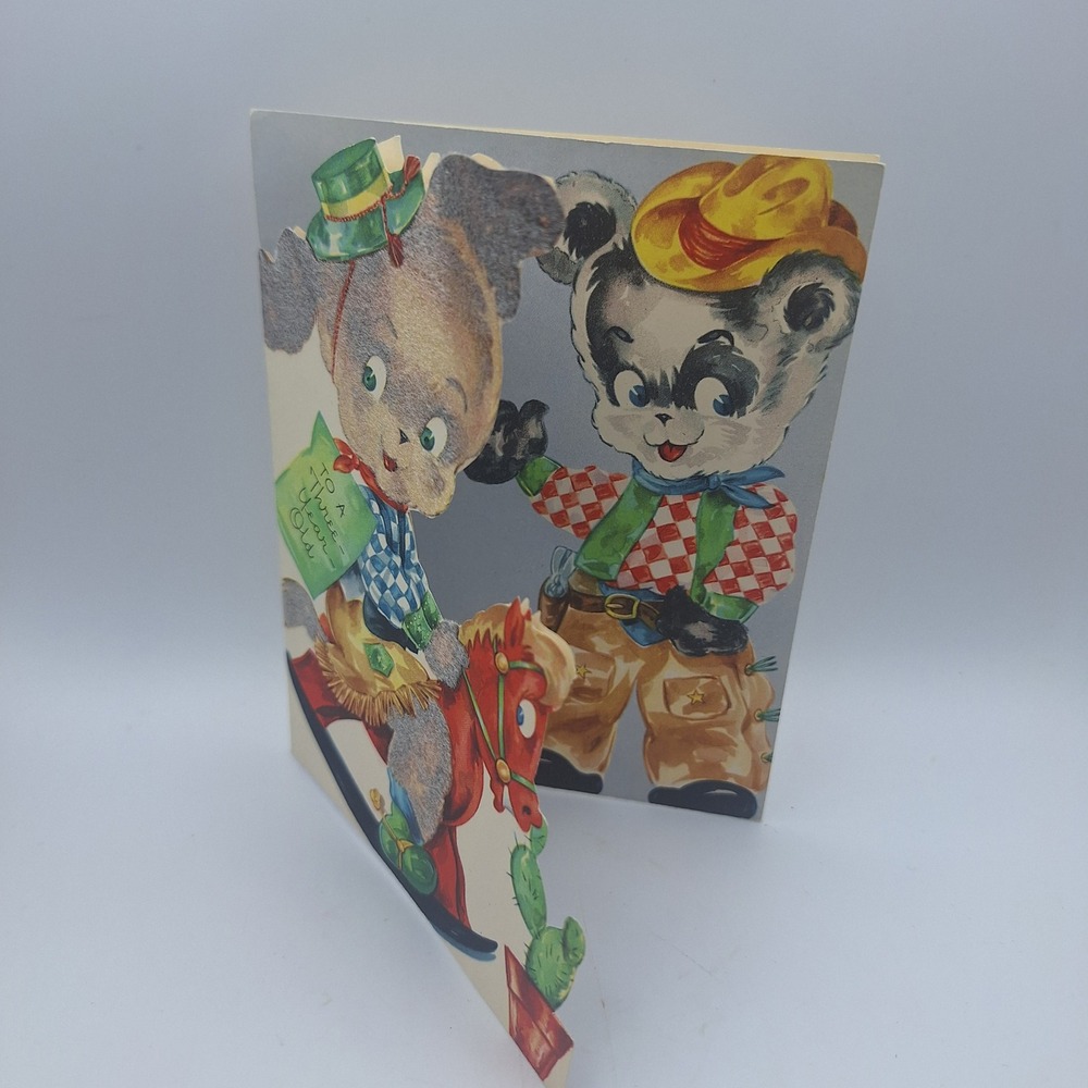 Vintage 1950s‎ Pop Up Birthday Card Three Year Old Bear Cowboy Rocking Horse